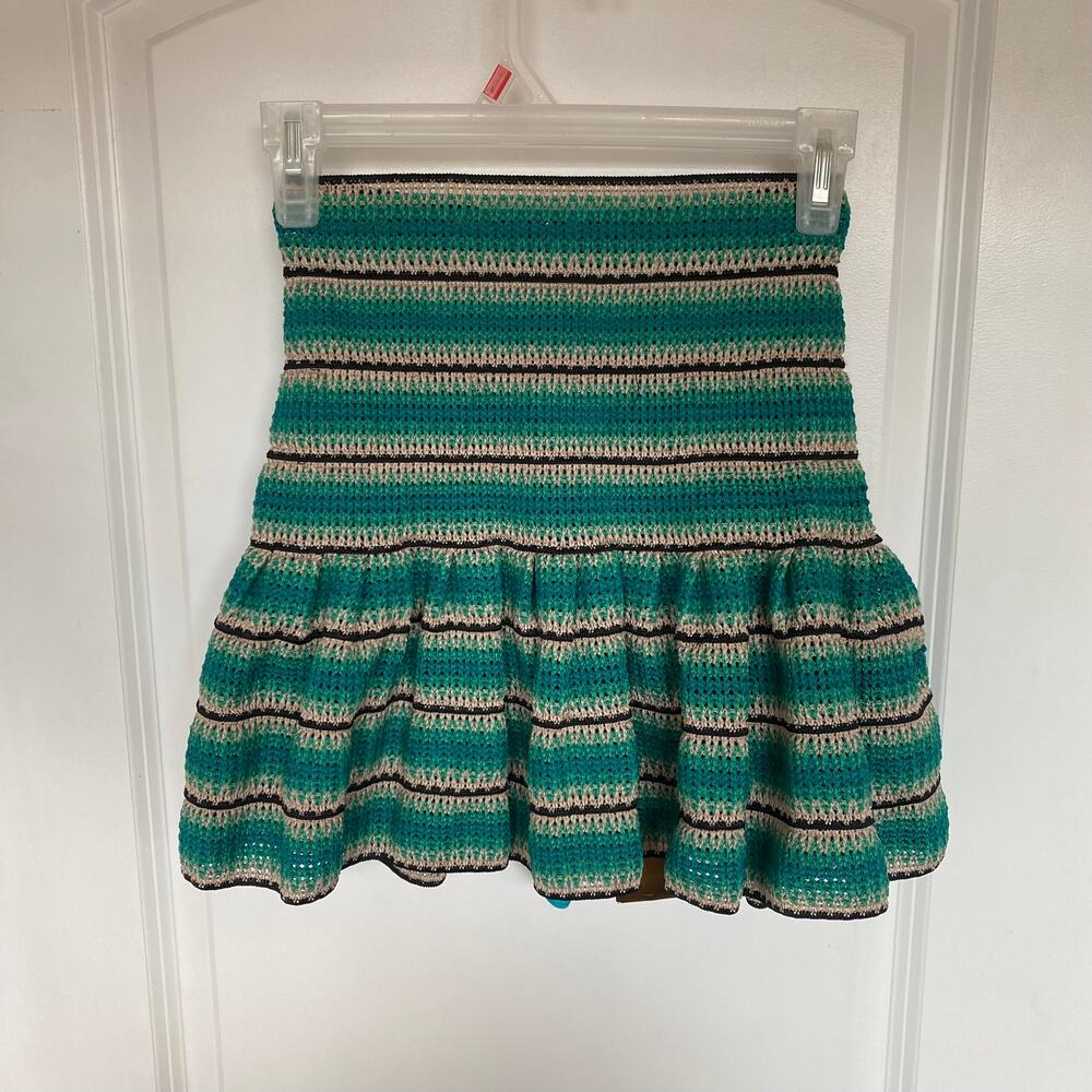 PatBO Women's Skirt sz 0 Striped Crochet Ruffle Mini Skirt Aqua Green Blue $475
